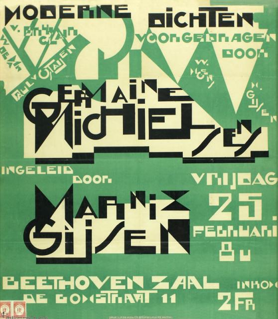 Poster Moderne dichten voorgedragen door Germaine Michielsens, ingeleid door Marnix Gijsen