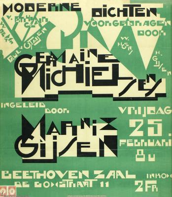 Poster Moderne dichten voorgedragen door Germaine Michielsens, ingeleid door Marnix Gijsen